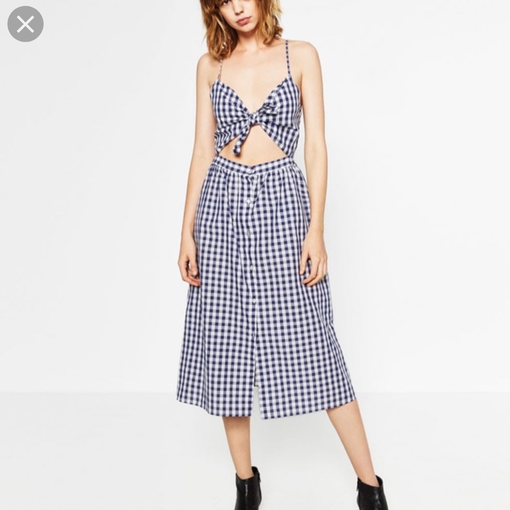 Zara FrontTie Blue Gingham Midi Dress Sz Small NWT